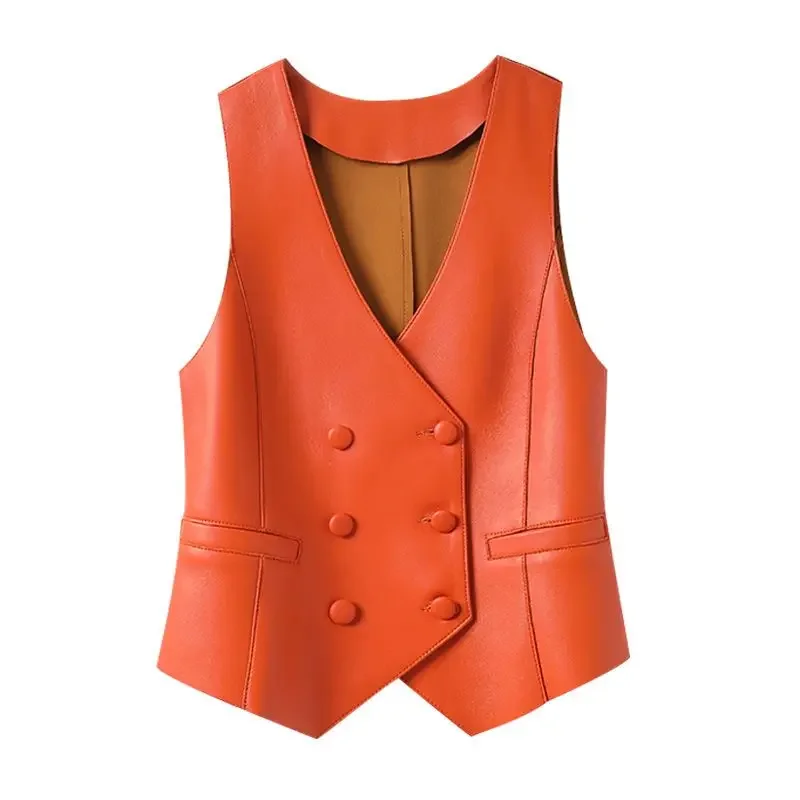 V-neck leather jacket, horse clip,  double breasted PU leather vest, short fit,  slimming, 2024 Spring and Autumn new item