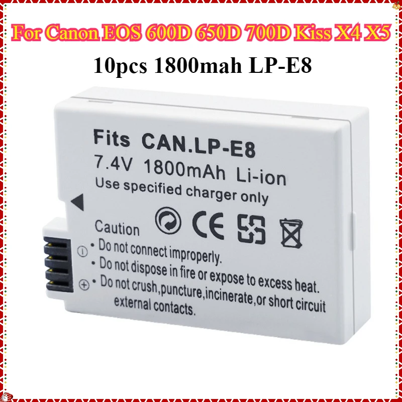 10pcs 1800mAh LP-E8 LPE8 Camera Battery for Canon EOS 600D 650D 700D Kiss X4 X5 X6i X7i Rebel T2i T3i T4i T5i Batterie