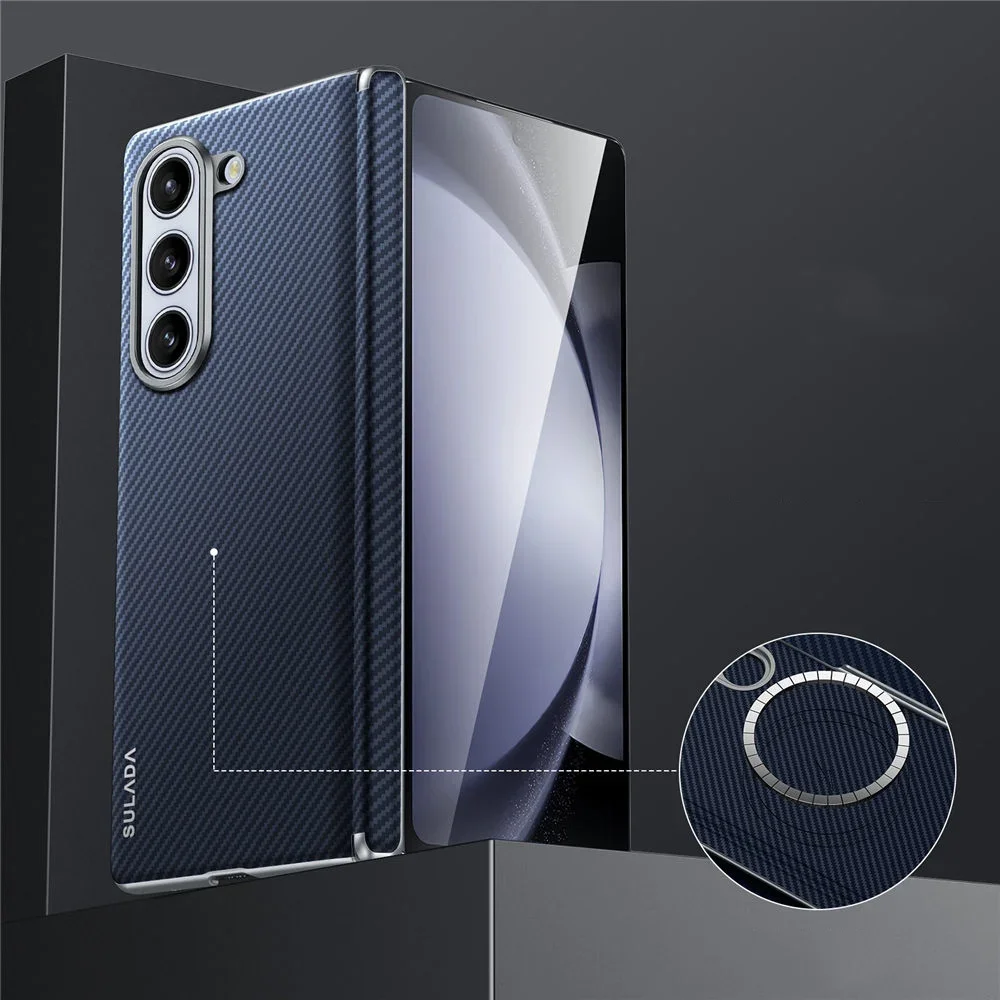 

Тонкий кожаный чехол Magsafe с рисунком арамидного волокна для Samsung Galaxy Z Fold 7 Z Fold 4 5 6, задняя крышка с шарниром