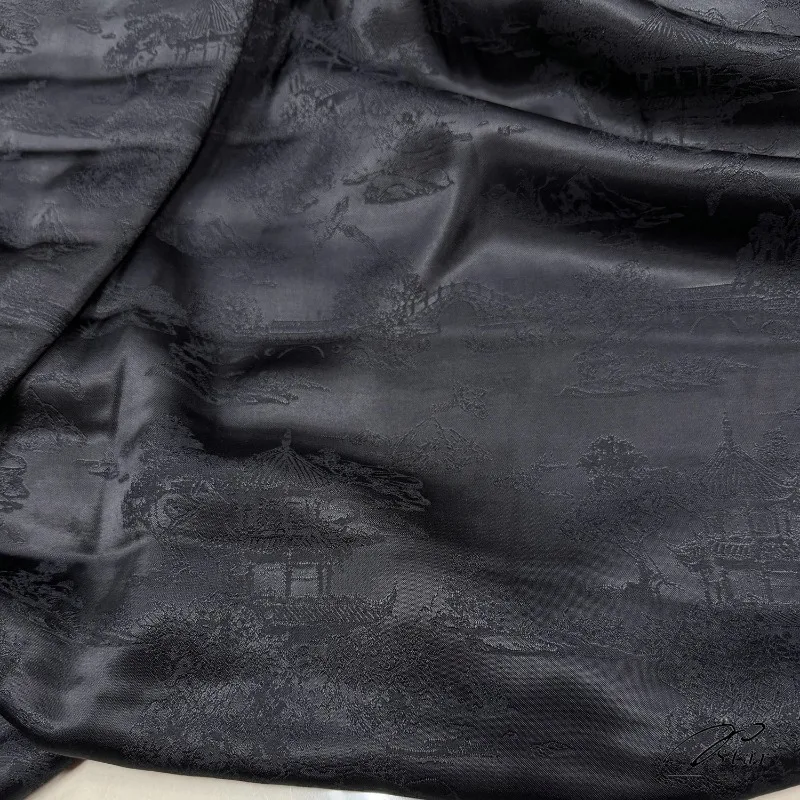 Neuer chinesischer Stoff im Kupfer-Ammoniak-Satin-Stil, schwarzer Jacquard, atmungsaktives Designer-Sommerkleid, Tüllfenster-Bastelmaterial