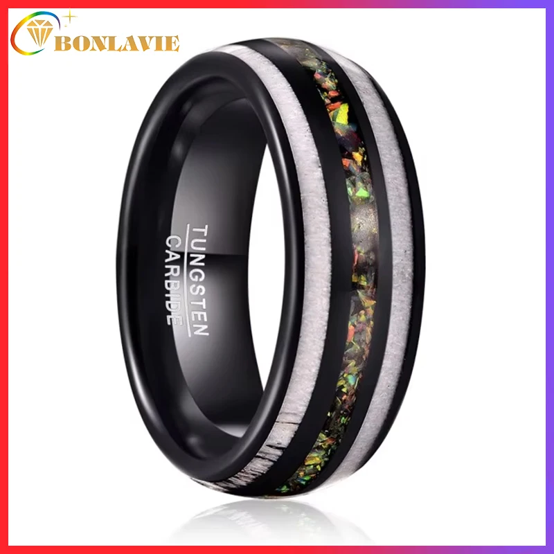 BONLAVIE 8mm Black Inlaid Deer Antler Opal Tungsten Steel Ring Black Carbon Tungsten Carbide Men Comfort Fit Engagement Rings