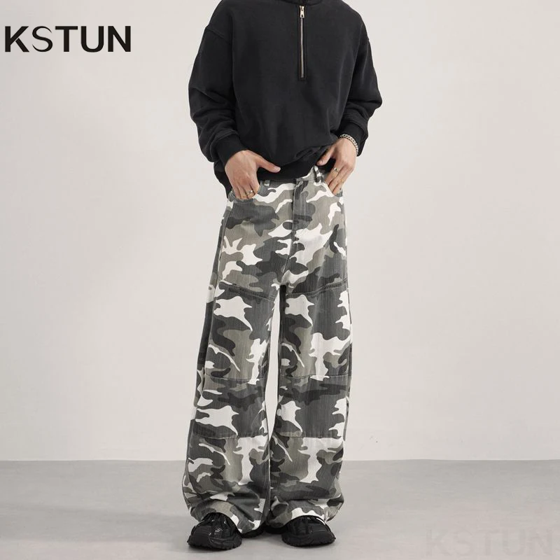 KSTUN مستقيم واسع الساق فضفاض الجينز الرجال السراويل المنحنية السراويل البضائع المموه فضفاض الرجال السراويل غسل الملابس عادية خمر