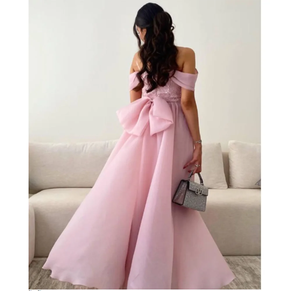 Exquisite Luxury Pink Women Formal Evening Party Dress Floor Length Bow Sequin Of Shoulder Strapless فساتين سهرة Robes De Soirée