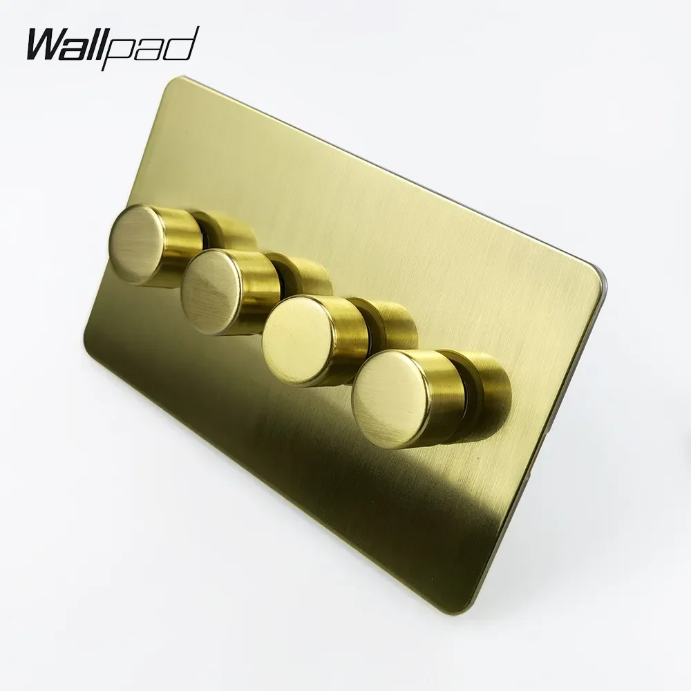 Wallpad Brushed Gold LED Dimmer Switch 4 Gang 2 Way Push On Off Stainless Steel Panel Metal Button