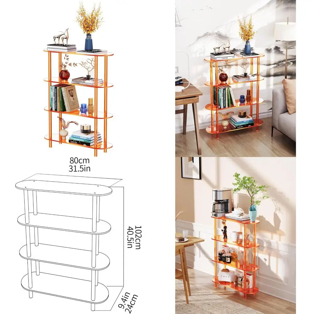 

Transparent 4-Tier Acrylic Open Bookshelf for Home and Office Use in Orange