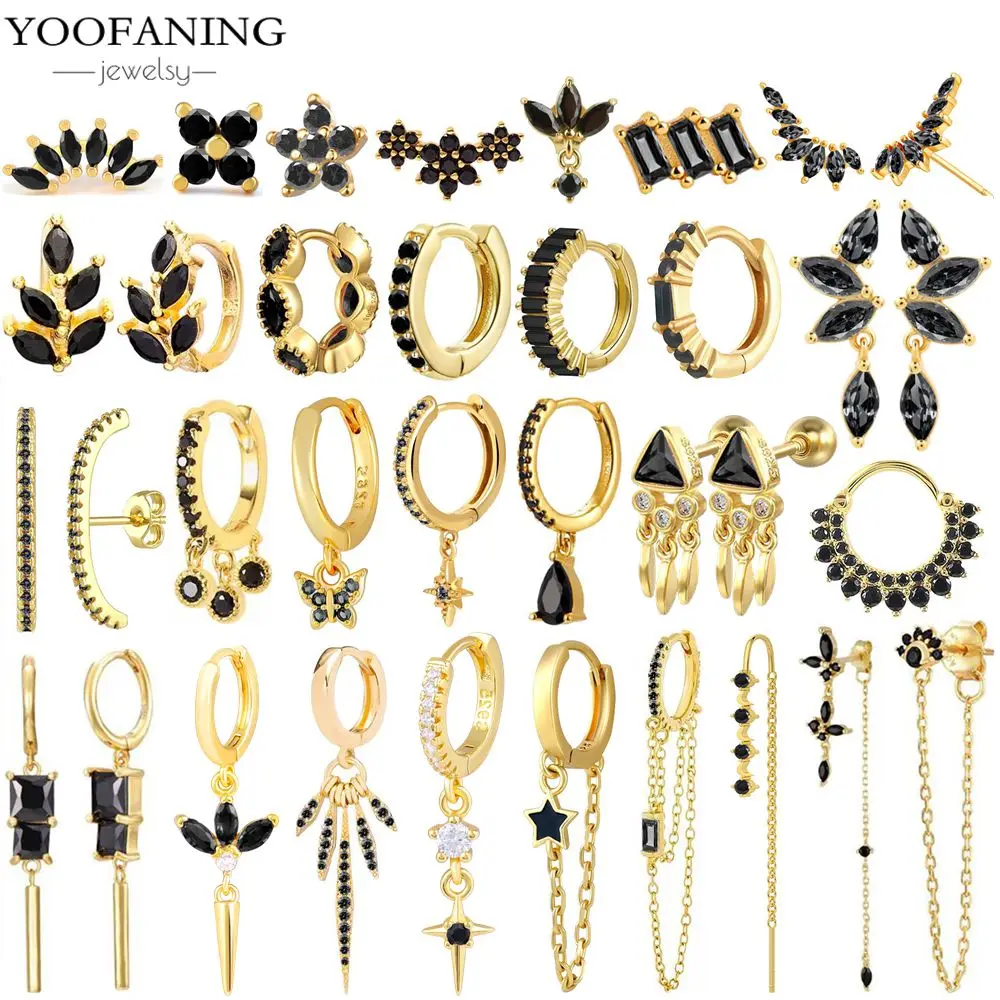 

925 Sterling Silver Ear Needle Classic Retro Hoop Earring Exquisite Black Zircon Tassel Pendant Earring for Women Jewelry Party