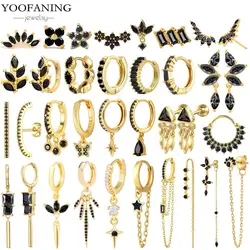 925 Sterling Silver Ear Needle Classic Retro Hoop Earring Exquisite Black Zircon Tassel Pendant Earring for Women Jewelry Party