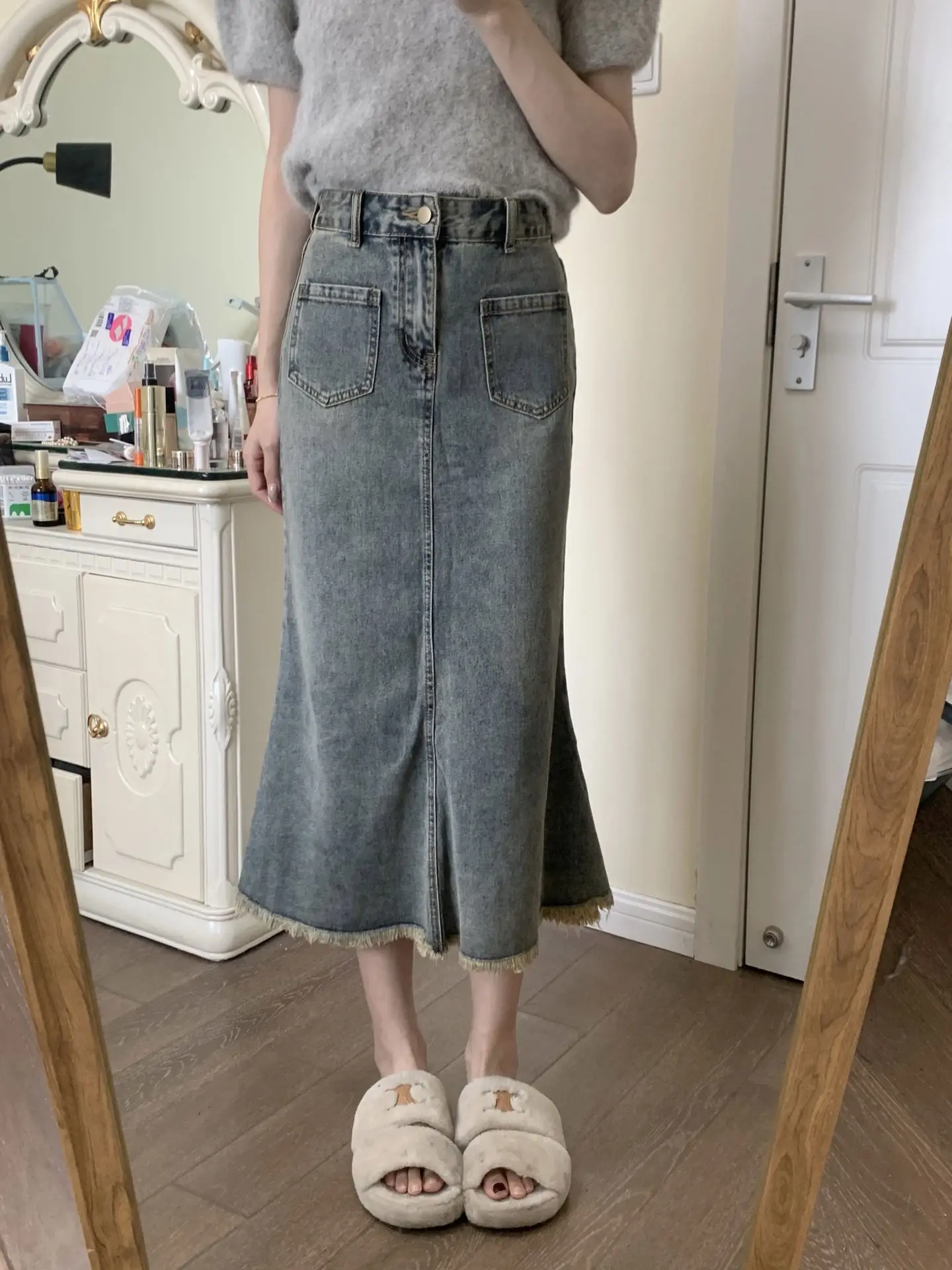 Design Sensation Denim f-lengte Rok vrouwen Herfst Nieuwe Sle A-lijn Lange Rok plus Size Vet MM Rokken Tailored Fi-staart