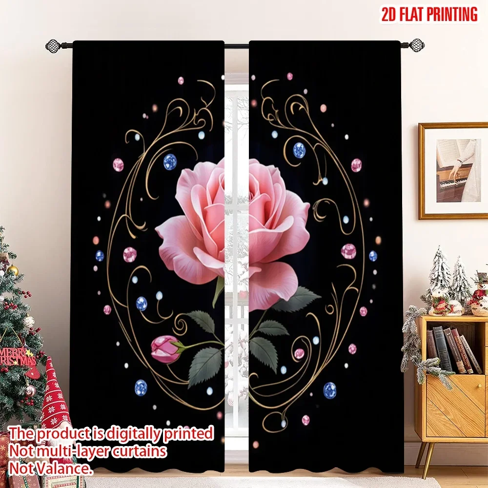 2pcs 2D flat printing Party Window Curtains Pink Rose Gemstone Jewelry Digital Printed Polyester Drapes Festive Holiday Use for