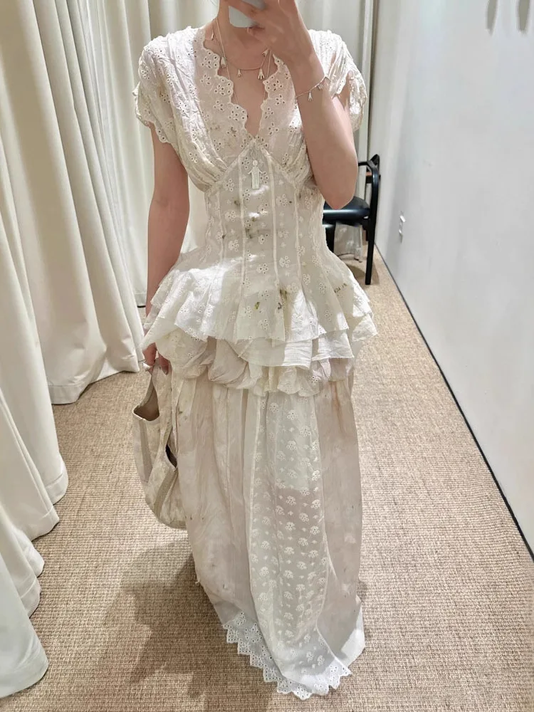 

Retro Style Lace Trim Waist-Cinching Top with Belted Half Skirt Floral Print High Waist Lace Sleeveless V-Neck Women's Shirt