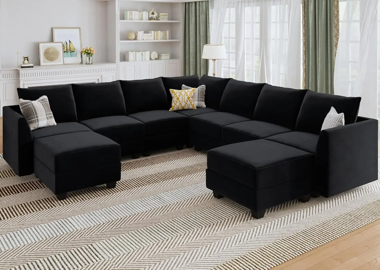 Modular Sectional Sofa Velvet U Shaped Couch with Storage Oversized Sectional Sofa Couch for Living Room, Black