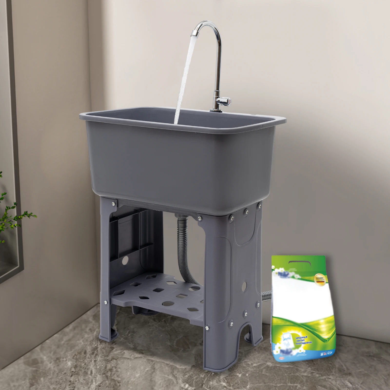

Freestanding Utility Sink with Faucet, Plastic Utility Sink, Heavy Duty Laundry Tub, Gray Laundry Room Sink with Storage Rack