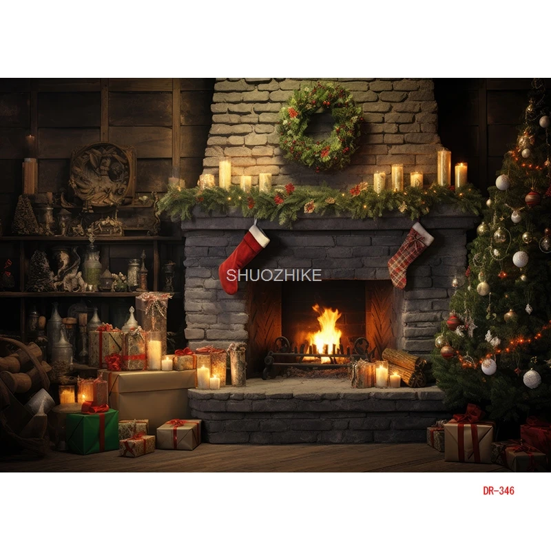 SHUOZHIKE-Fondo de fotografía con tema de chimenea para el día de Navidad, utilería para ventana, sala de estar, Interior, casa de pueblo, DR-11