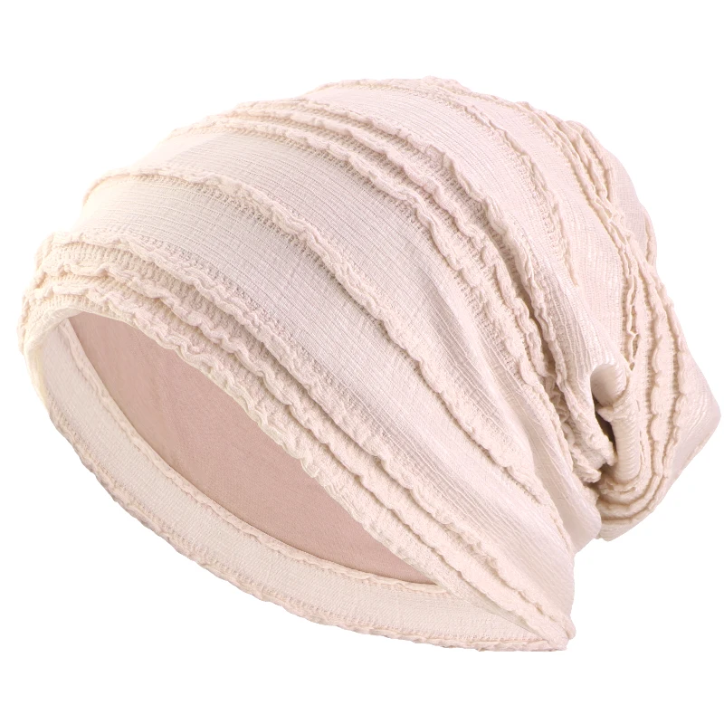 Neue doppellagige, plissierte Spitzen-Slouchy-Mütze, eleganter, geraffter Turban, Kopftuch, muslimischer Hijab, elastische, einfarbige Mütze, Chemio-Cap – Detail 9