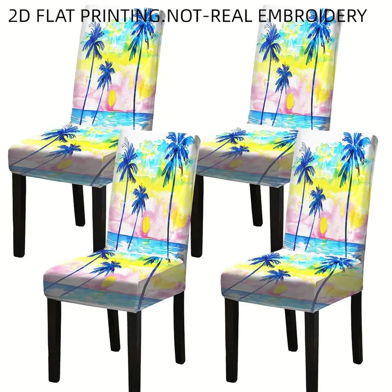 Elastic dining chair cover, flat simple modern palm tree pattern, machine washable all-inclusive chair cover bow chair cover