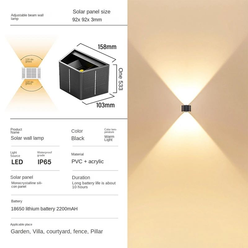 Lampada da parete solare Illuminazione per esterni su-giù Lampada a LED Luci solari per lavaggio a parete per cortile giardino dimmerabile-ABFB
