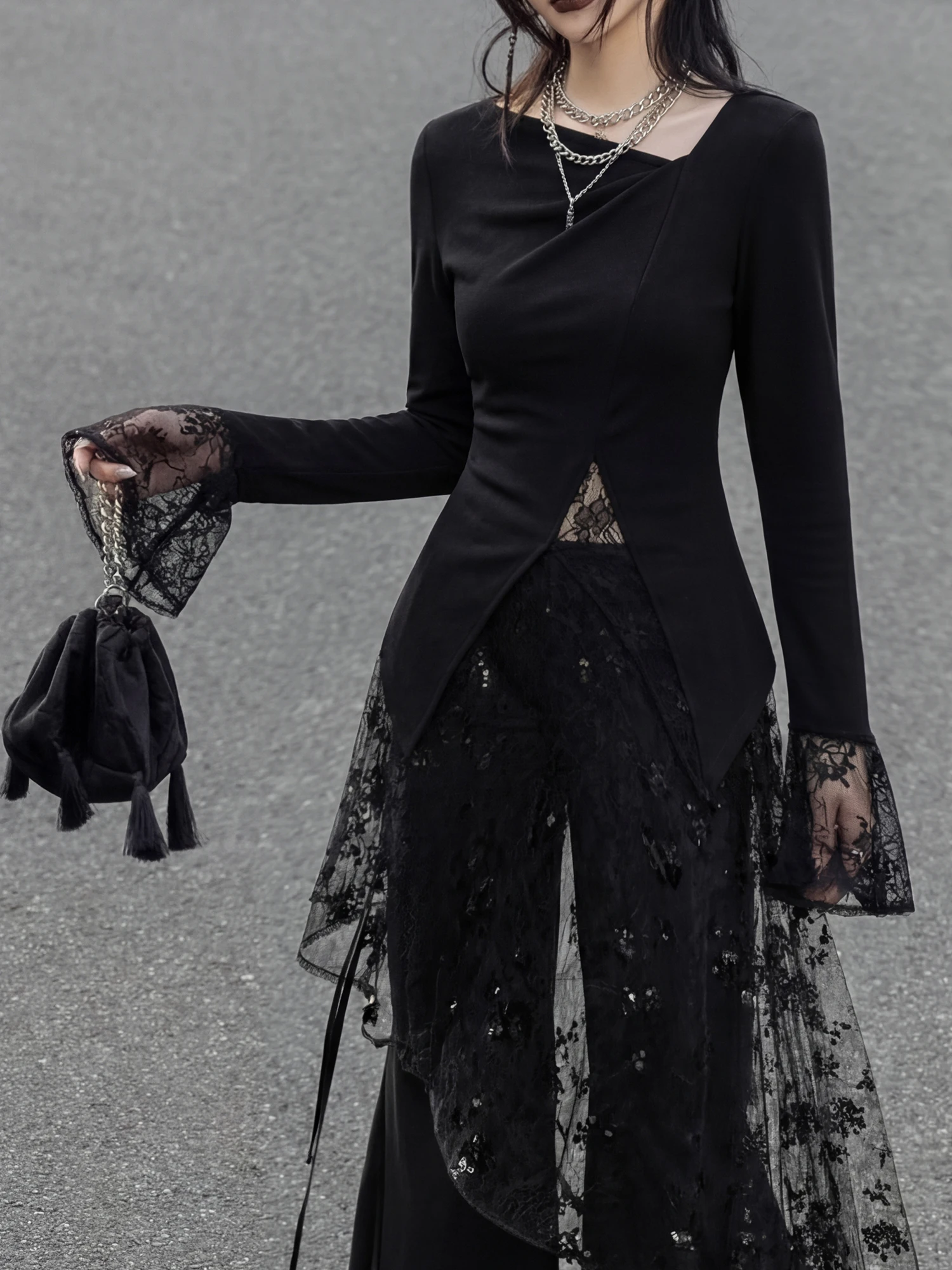 

Сексуальный кружевной топ с лоскутным дизайном для женщин, с лентами по бокам, в стиле ретро, облегающий, модный, длинный рукав, повседневная одежда