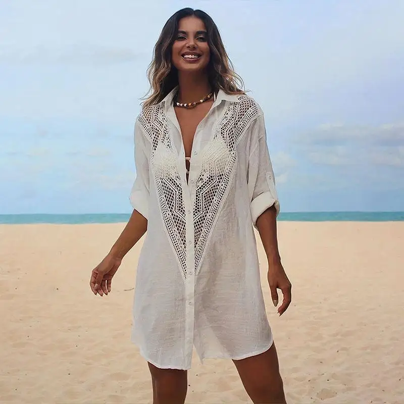 

SuperAen New European and American Lace Shirt Beach Blouse Sexy Hollow Sunscreen Bikini Shirt Dress