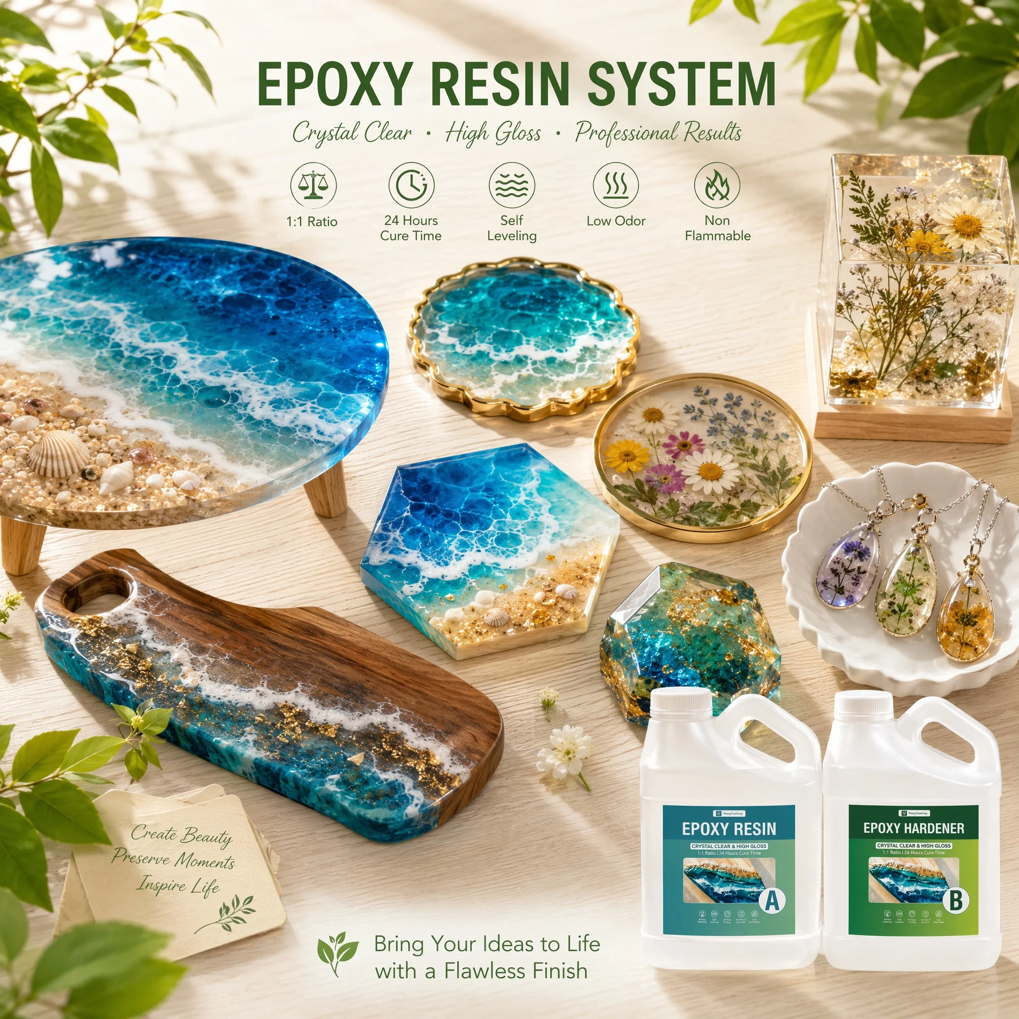 2KG Epoxy Resin Kit | 1:1 Mix Ratio for DIY Handmade Craft Projects, Craft Studio Lessons & Welfare Center Activities, Resin Art, River Tables, Countertops, Clear High Gloss, UV Resistant & Waterproof