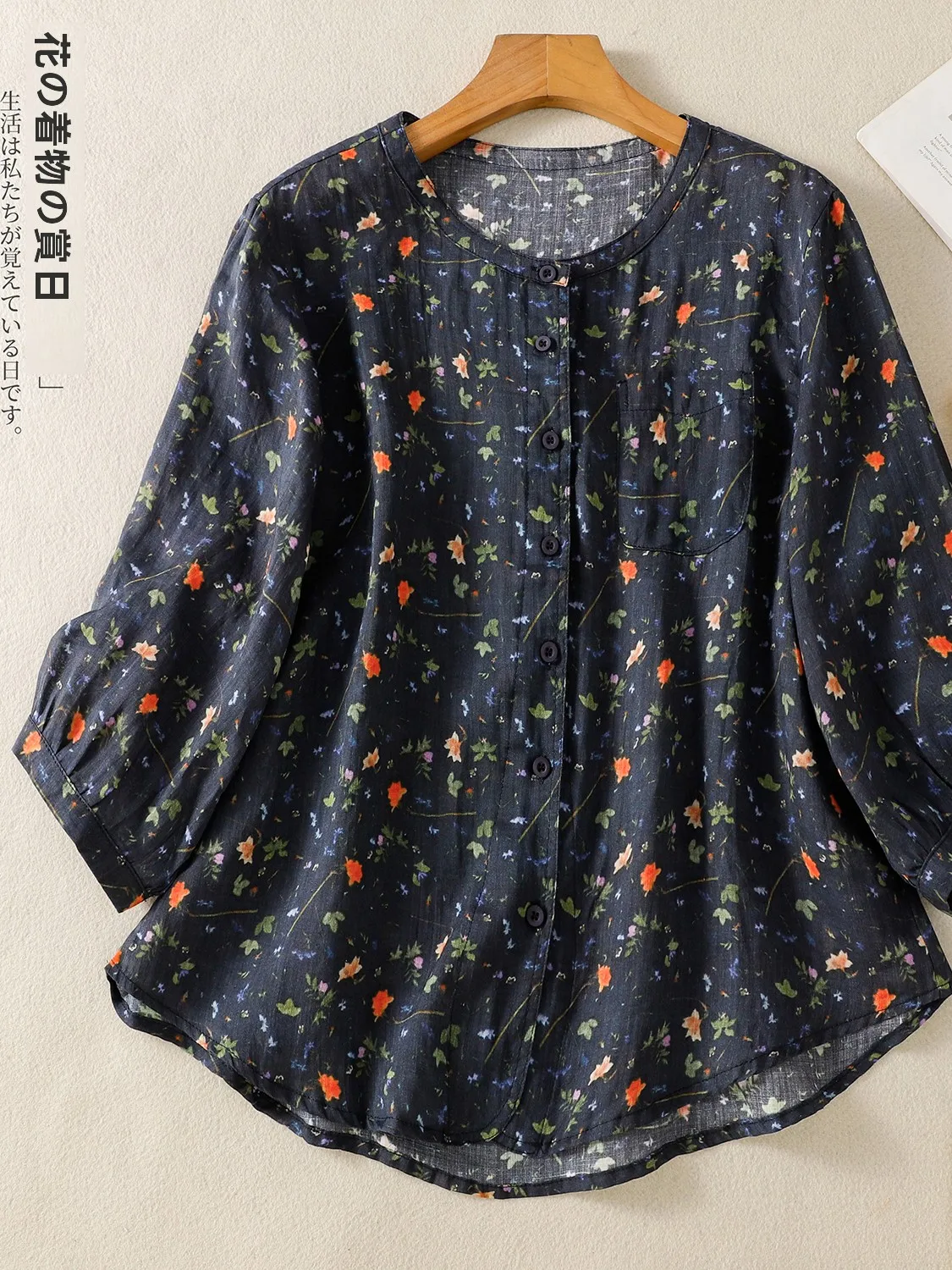 

Retro Floral Linen irt Women's Summer New Sle Seven Sve round Ne Button up Casual Loose Fit Printed Cotton Blouse