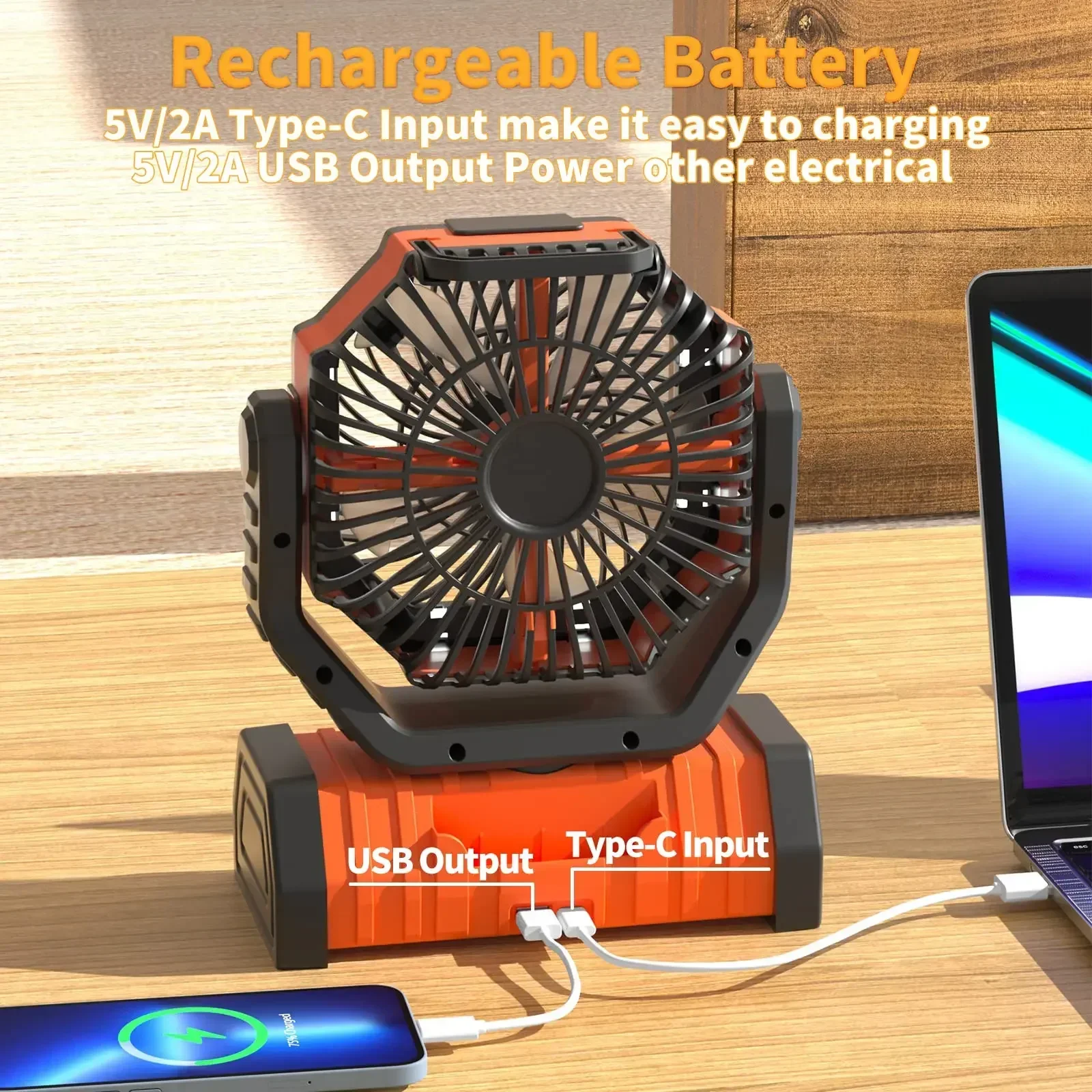 Kipas Berkemah Isi Ulang USB 20000MAh 10000MAh Baterai Kapasitas Tinggi Kipas Meja Tanpa Kabel Kipas Tenda dengan Lampu LED & Kait