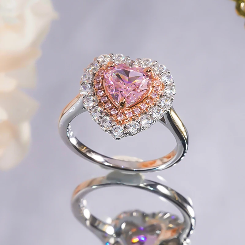 The Latest Fashion Pink Love Ring Female s925 Sterling Silver Heart Diamond Delicate Luxury Wedding Anniversary Fine Jewelry