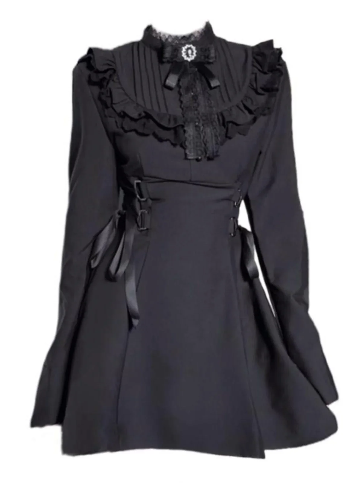 

Homemade Dark Style Design with Black Lace Long Sleeves Bow Tie Straps Dark Black Skirt High Waist Cinching Slimming Dress Women