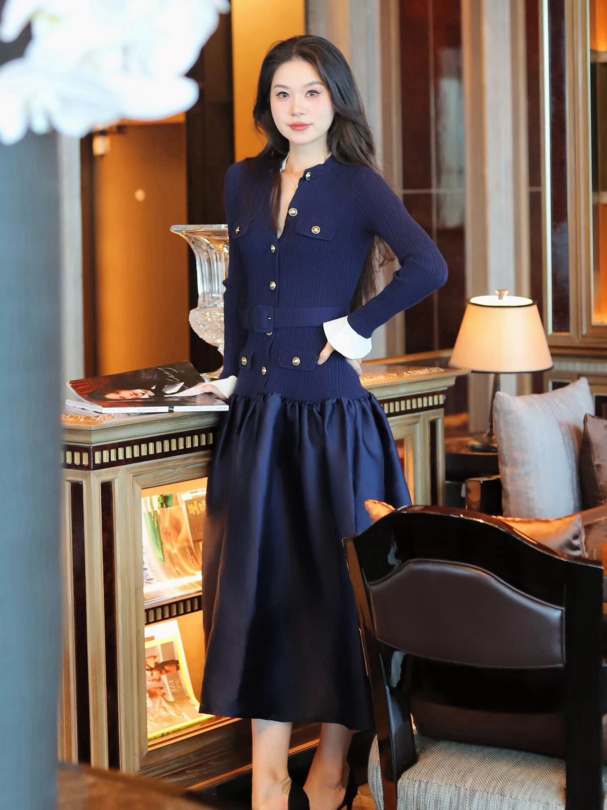 

SelfSP Spring Summer New Sle Knitted Patchwork Dr Puffy Long Skirt pro Version Ele Ladylike Sweet High Waist Dr