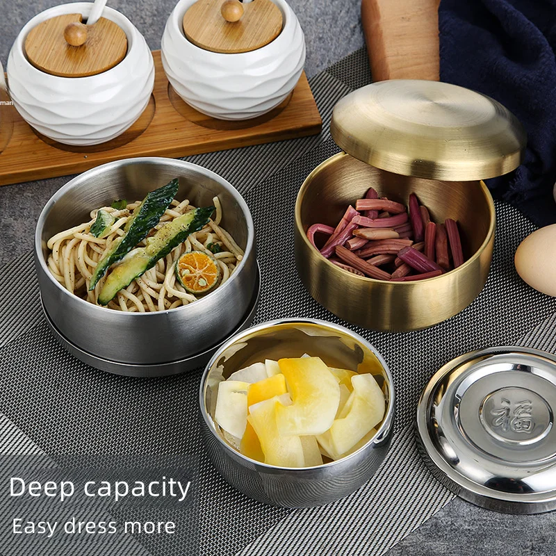 Korean Kimchi Bowl 304 Stainless Steel Double Layer Rice Bowl With Lid Home Ramen Soup Bowl Children\'s Anti-Scalding Rice Bowls