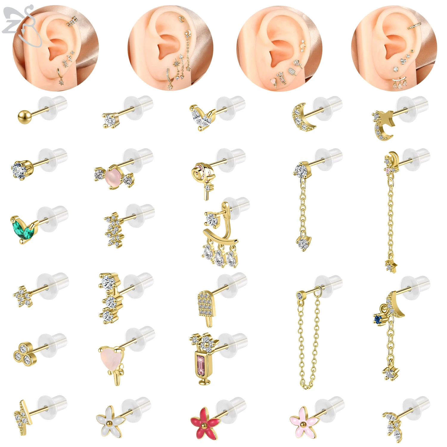 

ZS 1PC Star Moon Stud Earrings 925 Silver Ear Studs White Crystal Cartilage Earrings for Women Gold Color Helix Piercing Jewelry