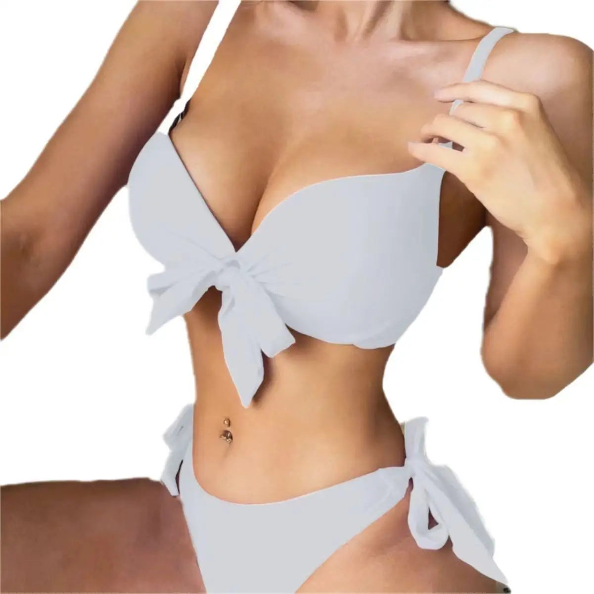 sexy front bow knot push up bikinis two pieces solid swimsuit tie bikini swimsuit Swimwear Biquini conjunto de bikini tankini