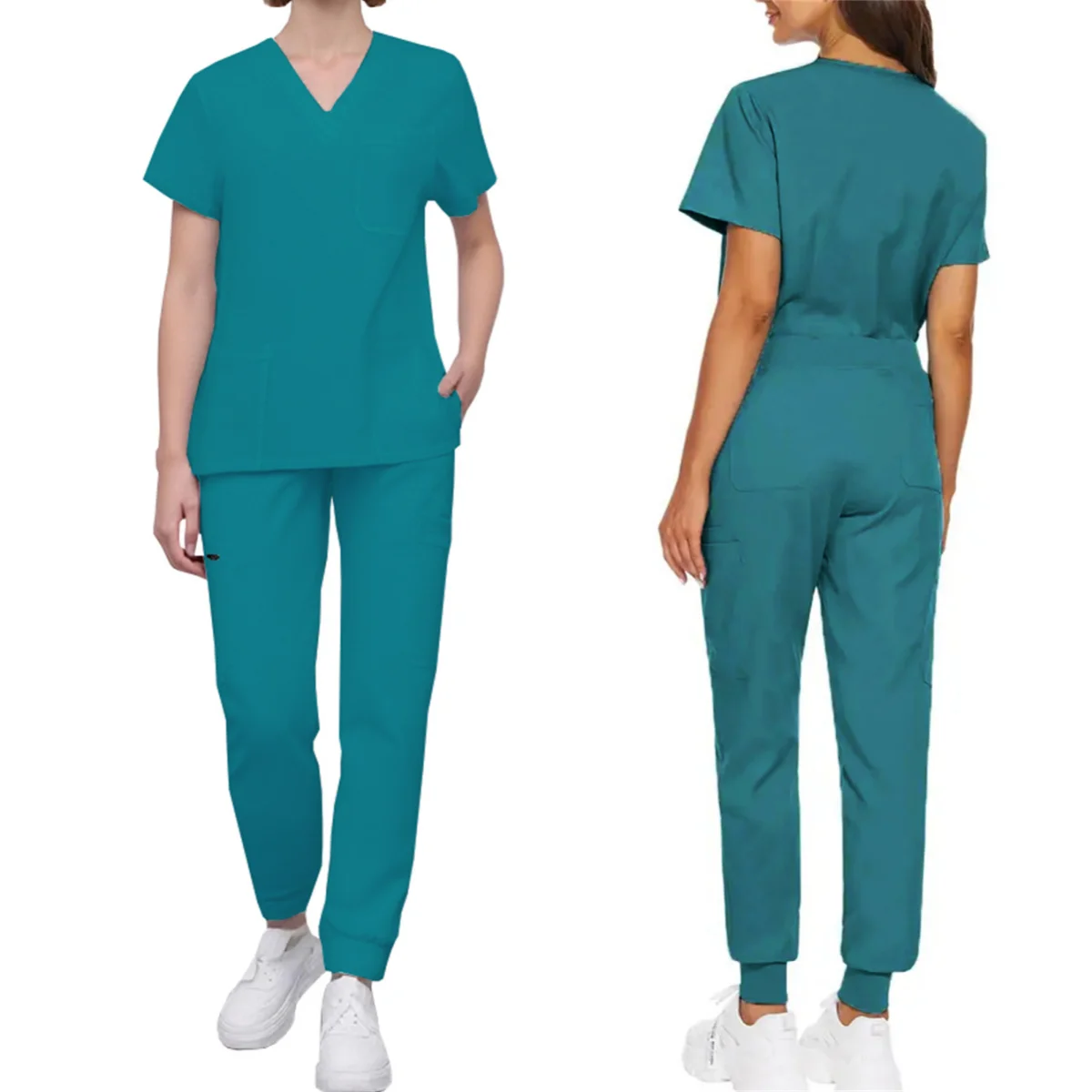 Seragam Medis Kerah V Wanita Kemeja Lengan Pendek Warna Solid Celana Serut Set Scurbs Rumah Sakit Perawat Dokter Pakaian Kerja Salon