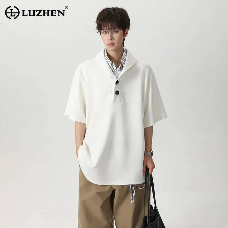 

LUZHEN 2026 Summer Fake Two Piece Design Buttoned Scarf Neck Loose Short Sleeve T-shirts Men's Fashion Handsome Pullover JY6885