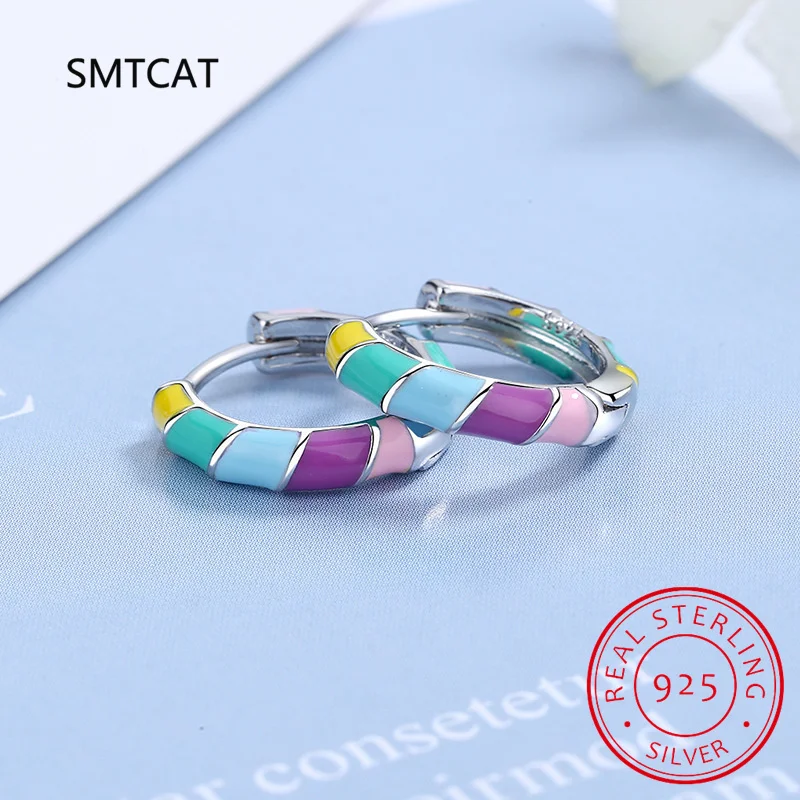 925 Sterling Silver Multi-color Enamel Round Hoop Earring Rainbow Ribbon Ear Buckles for Girl Trendy Jewelry Gift SCE1694