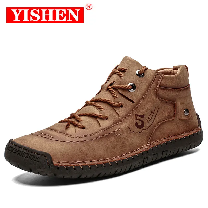 YISHEN Ankle Boots Men Casual Shoes Leather Loafers Hand Stitching Outdoor Working Booties Soft Sole Breathable Flats Shoes