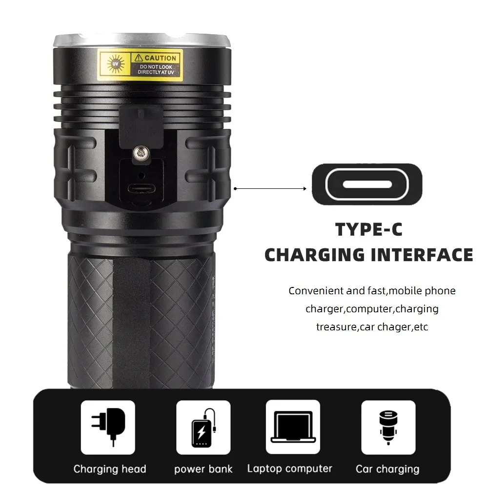 160W High Power UV Flashlight 365nm Powerful Ultraviolet Detection Light Lantern Blacklight LED Torch USB Rechargeable Outdoor