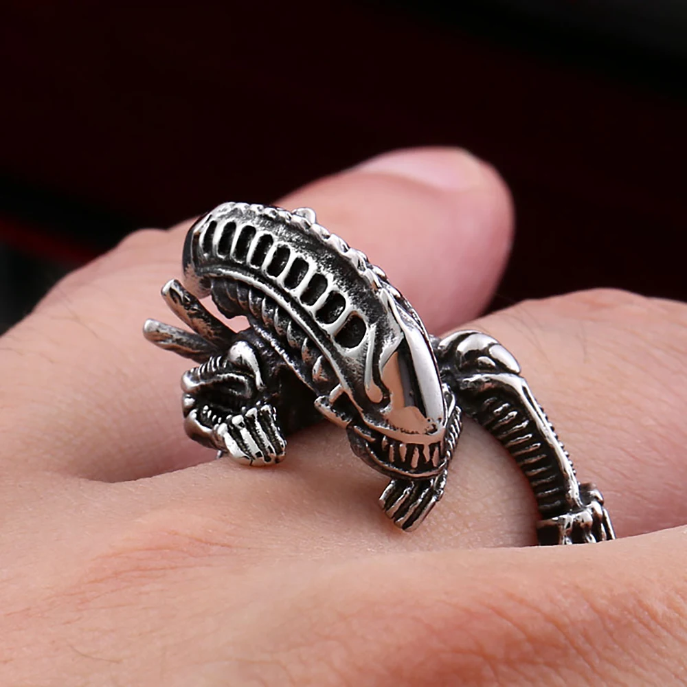 Unique Vintage 316L Stainless Steel Alien Predator Ring For Men Women Gothic Punk Skull Rings Cool Fashion Jewelry Dropshipping