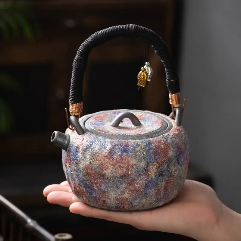 Old rock mud teapot pure handmade beam pot tea maker charcoal pot boiling water teapot warm teapot