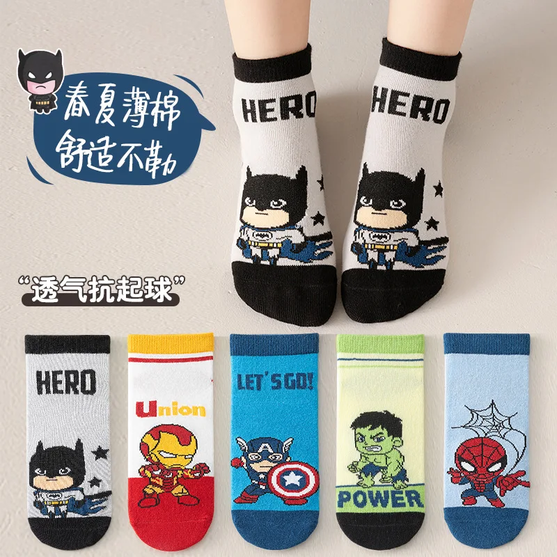 5 Pairs Spiderman Cotton Children's Socks iron Man Hulk Thor Anime kids Boys Short Socks Cartoon Baby Spring Summer Short Socks