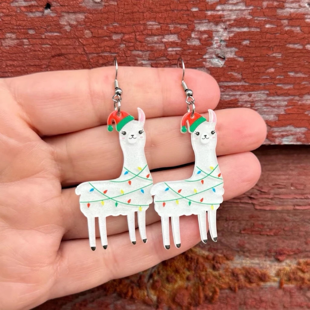 Alpacas Llamas Animals Wrapped in Christmas Lights Holiday Unique Novelty Dangle Earrings
