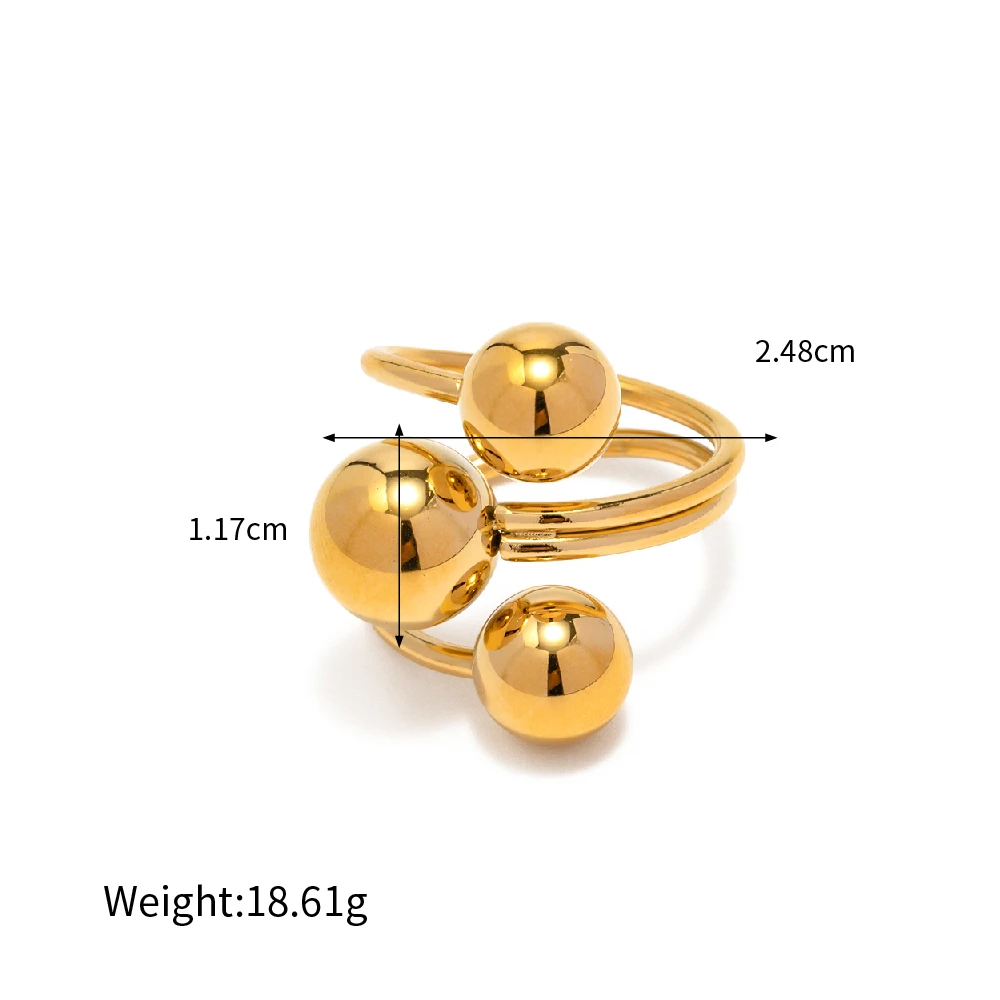 Stainless Steel Exaggerated Three Ball Open Ring 18K Gold PVD Plated Tarnish Free Finger Trendy Jewelry Gift