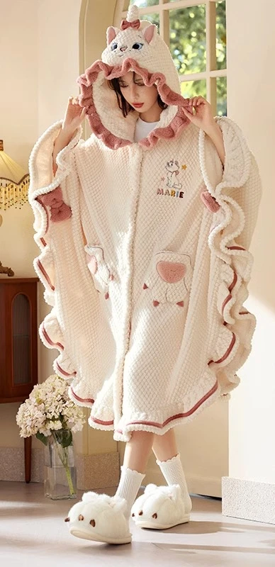 Cartoon Cat Nightgown Women Autumn and Winter Coral Fleece Long Cape Pajamas Loungewear Sleepwear Women
