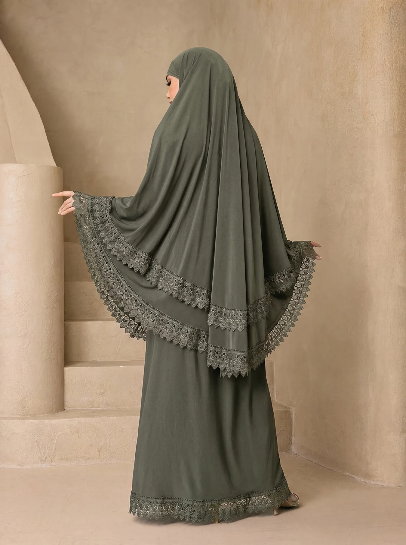 Lace Trim 2‑Piece Muslim Abaya Set, Soft Jersey Khimar Hijab with Maxi Long Dress, Modest Prayer Islamic Outfit for Women