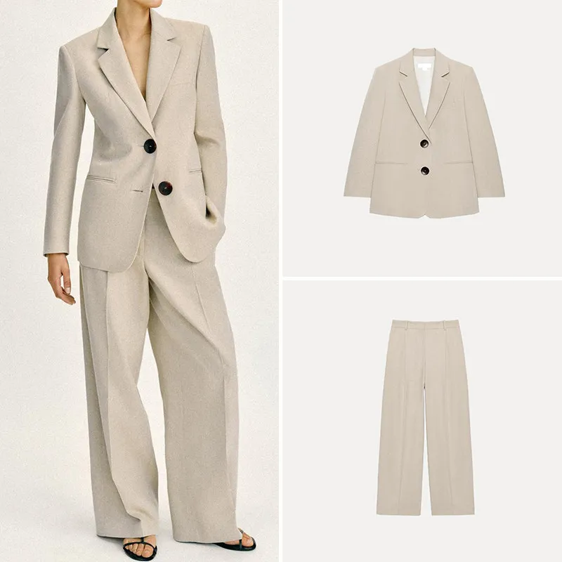 

Women's Fashion Suit Set with Shoulder Pads Straight Leg Pants Long Sleeve Blouse High Waist Summer New Arrival 2026