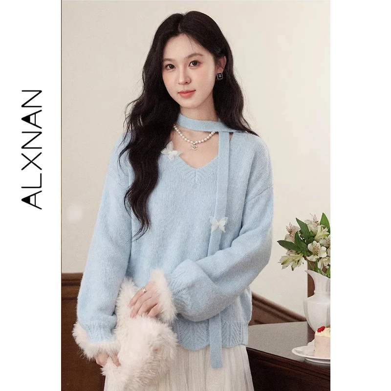 

ALXNAN Blue Sweater Women V-neck Casual Loose-fit Long Sleeve Knit Pullover New 3D Butterfly Embellished Ladies Tops DYL662366-2