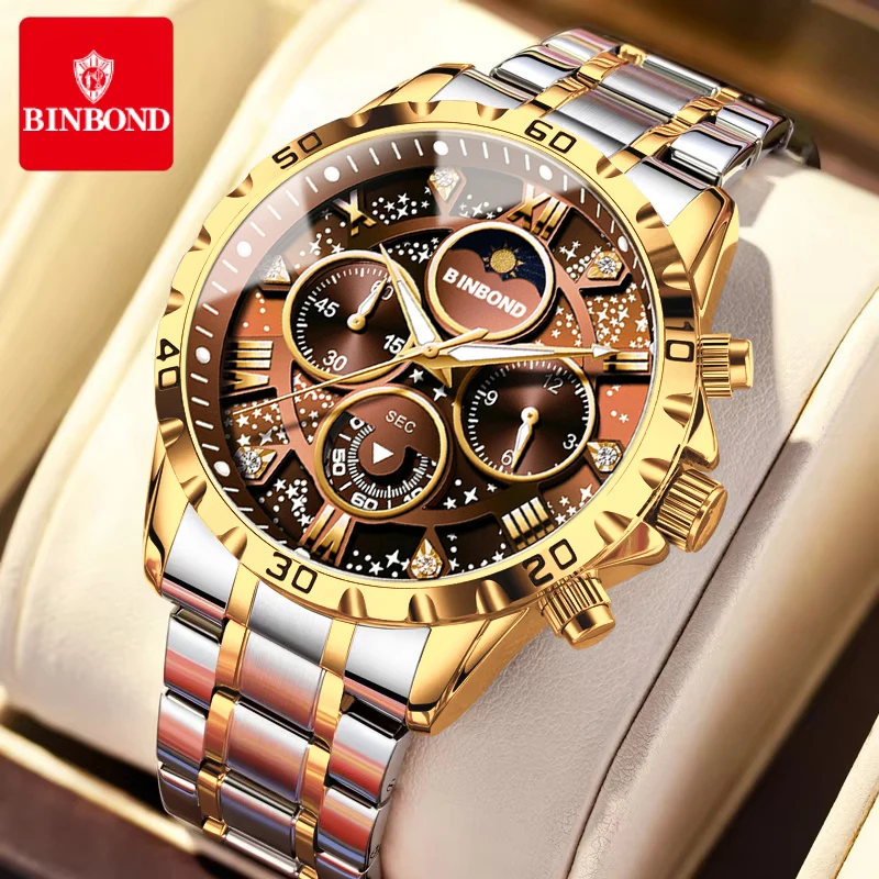 

BINBOND Роскошные модные мужские часы Многофункциональные оригинальные кварцевые наручные часы из нержавеющей стали с хронографом фазы Луны Водонепроницаемые