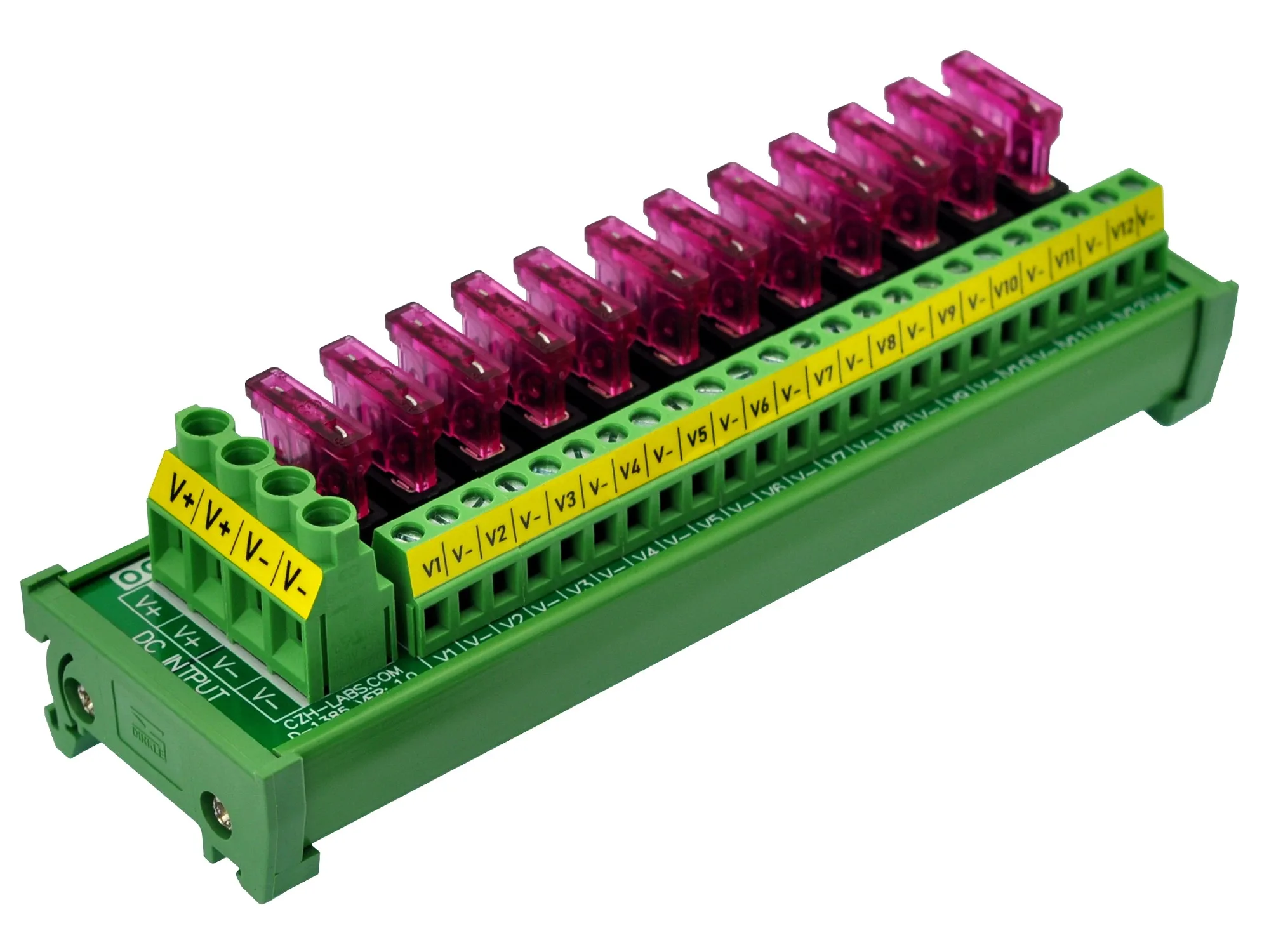 

DIN Rail Mount 12 Position DC Power Fuse Distribution Strip Module