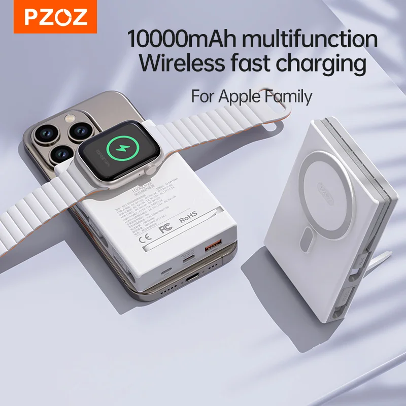 PZOZ 10000mAh Mag-Safe Power Bank Type C QC PD Fast Charging Powerbank With Holder For iPhone 15 14 13  iWatch Wireless Charger