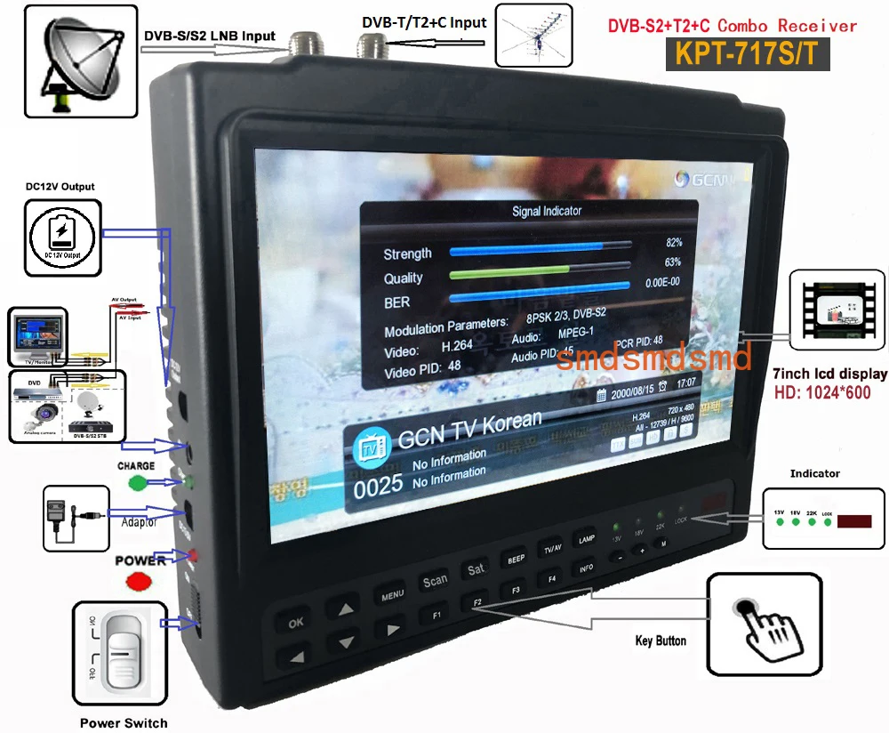KPT-717ST Satellite Finder DVB-S2 DVB-T/T2 DVB-C Combo Digital Satellite Meter Finder H.265 Satellite TV Receiver