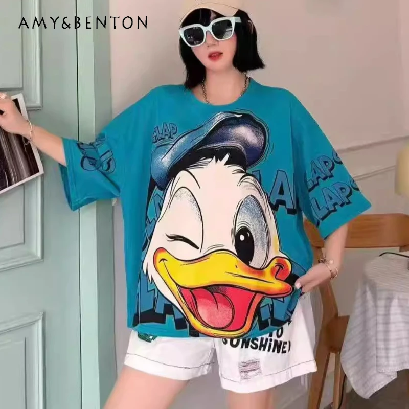 

2026 Summer Heavy Industry Printing Cartoon Loose Short Sleeved T-shirt Oversized Top Women's Beautiful O-neck Pullovers Y2k Tee